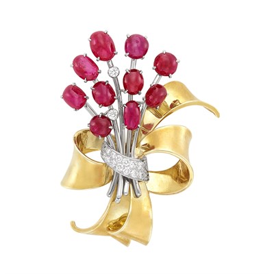 Lot 219 - Gold, Platinum, Cabochon Ruby and Diamond Bouquet Clip