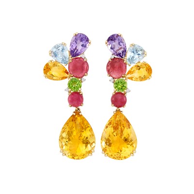 Lot 13 - Pair of Gold, Multicolored Colored Stone and Diamond Pendant-Earclips