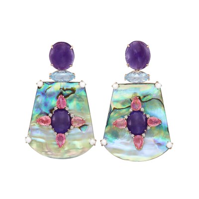 Lot 18 - Pair of Rose Gold, Abalone Shell, Gem-Set, White Agate and Diamond Pendant-Earclips