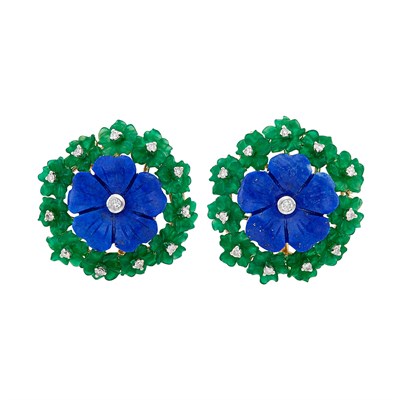 Lot 553 - Pair of Two-Color Gold, Carved Lapis, Green Quartz and Diamond Flower Earclips
