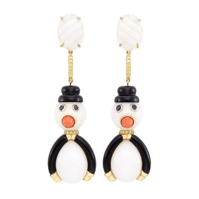 Lot 39 - Pair of Gold, White Agate, Black Onyx, Coral, Sapphire and Yellow Diamond Penguin Snowmen Pendant-Earclips