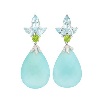 Lot 629 - Pair of White Gold, Aquamarine, Peridot, Diamond and Greenish-Blue Agate Pendant-Earclips