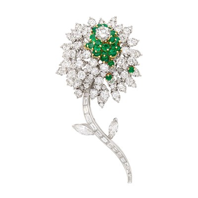 Lot 351 - Platinum, Diamond and Emerald Flower Clip-Brooch, by Kurt Wayne