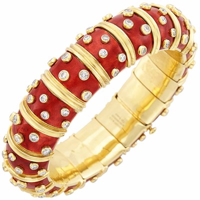 Lot 313 - Gold, Red Paillonné Enamel and Diamond Bangle Bracelet, Tiffany & Co., Schlumberger