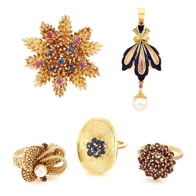 Lot 1469 - Three Gold and Gem-Set Rings, Brooch and Pendant