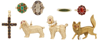 Lot 222 - Two Gold Dog Charms, Fox Pin, and Group of Four Gold and Gem-Set Rings and Pendant