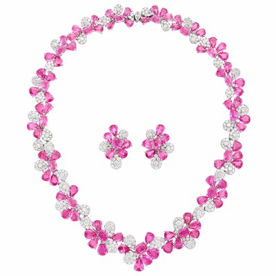 Lot 129 - White Gold, Pink Sapphire and Diamond Necklace and Pair of Earclips