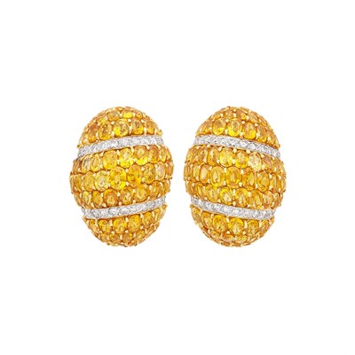 Lot 327 - Pair of Two-Color Gold, Yellow Sapphire and Diamond Bombé Earclips