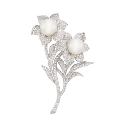 Lot 117 - White Gold, South Sea Cultured Pearl and Diamond Flower Clip-Brooch