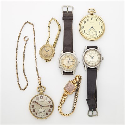 Lot 1366 - Gold and Gold-Filled Wristwatch, Elgin, Two Gold-Filled Pocket Watches, Illinois and Waltham, and Three Metal Wristwatches