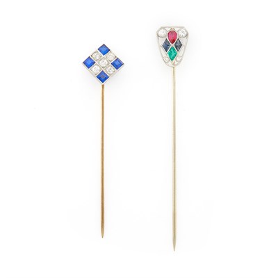 Lot 1250 - Two Platinum, Gold, Diamond, Synthetic and Gem-Set Stick Pins
