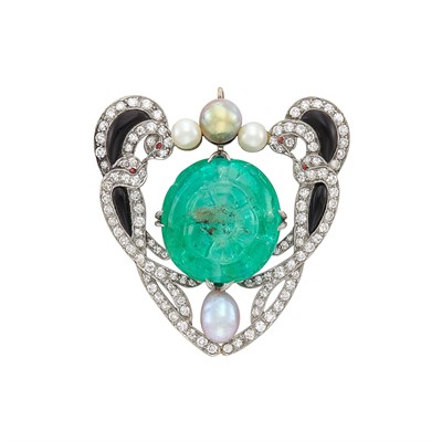 Lot 240 - Platinum, Carved Emerald Bead, Diamond, Pearl and Black Onyx Pendant-Brooch