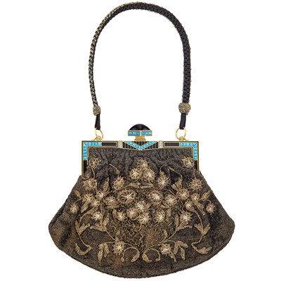 Lot 229 - Art Deco Gold, Platinum, Turquoise, Diamond, Black Onyx, Black Enamel and Fabric Purse, France