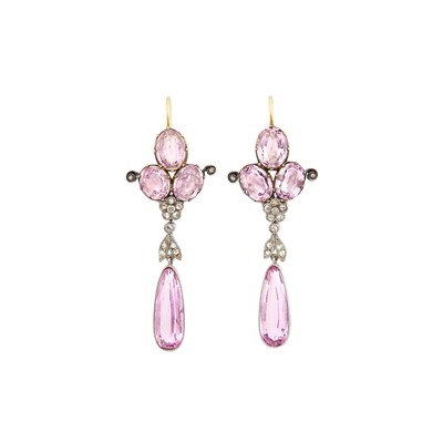 Lot 138 - Pair of Antique Gold, Platinum, Pink Topaz and Diamond Pendant-Earrings