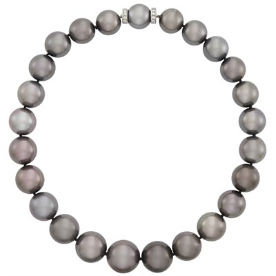 Lot 111 - Tahitian Black Cultured Pearl, White Gold and Diamond Necklace