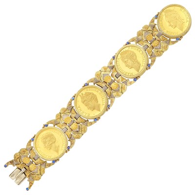 Lot 66 - Variegated Gold, High Karat Gold Coin and Sapphire Bracelet, Cazzaniga