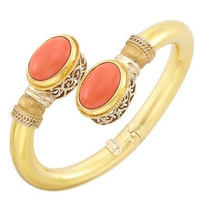 Lot 1351 - Gold and Coral Bangle Bracelet