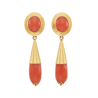 Lot 15 - Pair of Gold and Coral Pendant-Earrings