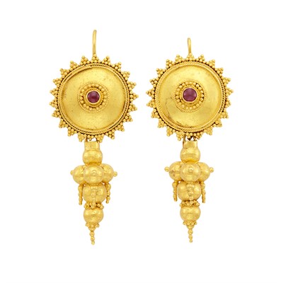 Lot 1249 - Pair of Gold and Cabochon Garnet Pendant-Earrings