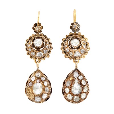 Lot 1223 - Pair of Antique Gold and Diamond Pendant-Earrings