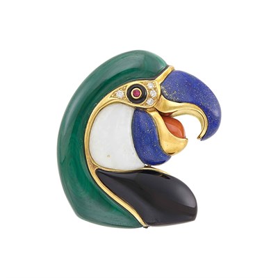 Lot 159 - Gold, Hardstone, Ruby and Diamond Toucan Clip-Brooch