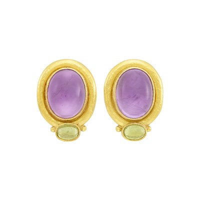 Lot 5 - Pair of Gold, Cabochon Amethyst and Peridot Earclips, Elizabeth Locke
