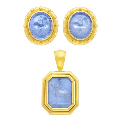 Lot 2 - Pair of Gold and Blue Glass Cameo Earclips and Blue Glass Intaglio Pendant, Elizabeth Locke