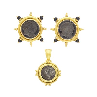 Lot 65 - Pair of Gold, Brown Glass Intaglio and Black Onyx Earrings and Gold and Silver Coin Pendant, Elizabeth Locke