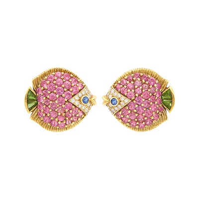 Lot 283 - Pair of Gold, Pink and Green Tourmaline, Diamond and Sapphire Fish Earclips, Jean Vitau