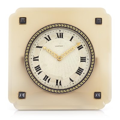 Lot 230 - Art Deco Agate, Gold, Cabochon Sapphire and Enamel Desk Clock, Cartier, European Watch & Clock Co., France