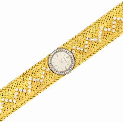 Lot 458 - Two-Color Gold and Diamond Bracelet-Watch, Longines, Cartier