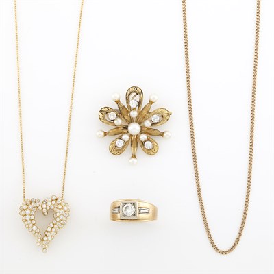 Lot 1655 - Gold and Diamond Ring, Heart Pendant-Necklace, Brooch and Chain Necklace