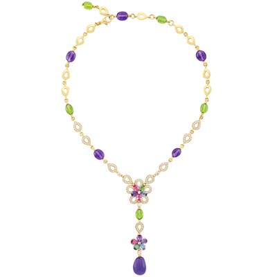 Lot 403 - Gold, Multicolored Sapphire, Peridot and Amethyst Bead Flower Pendant-Necklace, Bulgari