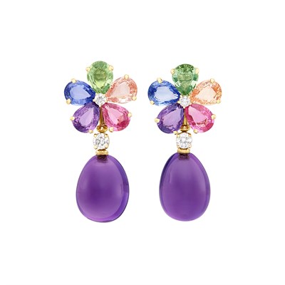 Lot 402 - Pair of Gold, Multicolored Sapphire, Diamond and Cabochon Amethyst Flower Pendant-Earrings, Bulgari