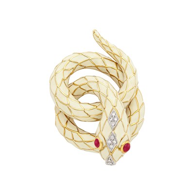 Lot 312 - Gold, Enamel, Diamond and Cabochon Ruby Snake Clip-Brooch