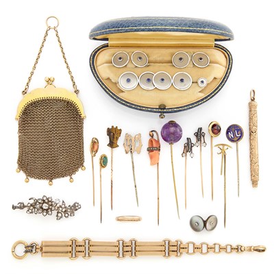 Lot 340 - Group of Antique Low Karat Gold, Silver, Metal, Diamond, Gem-Set and Hardstone Stick Pins, Brooch, Dress Set and Accessories