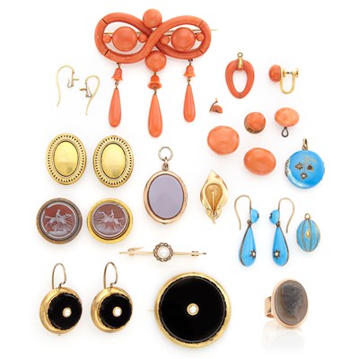 Lot 333 - Group of Antique Low Karat Gold, Metal, Coral, Agate, Black Onyx and Enamel Jewelry and Fragments
