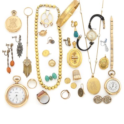 Lot 1571 - Group of Gold, Low Karat Gold and Gilt-Metal Jewelry, Pocket Watches and Fragments