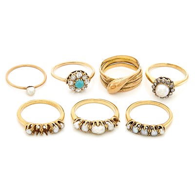 Lot 1526 - Seven Gold, Pearl, Turquoise and Diamond Rings
