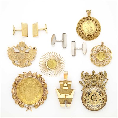 Lot 1675 - Group of Two-Color Gold and Gold Coin Brooches, Gilt-Metal Medal-Watch and Two Pairs of Gold and Silver Cufflinks