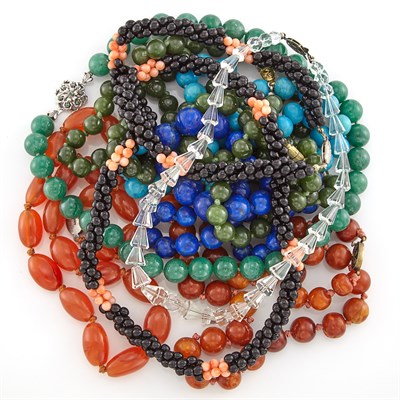 Lot 1100 - Group of Carnelian, Aventurine Quartz, Nephrite, Lapis, Turquoise, Black Onyx, Crystal and Coral Bead Necklaces
