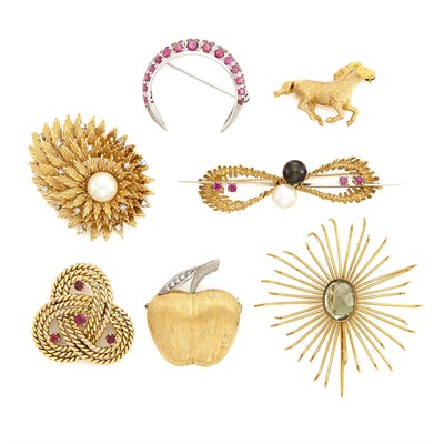 Lot 1460 - Seven Yellow and White Gold, Cultured Pearl, Ruby and Diamond Brooches
