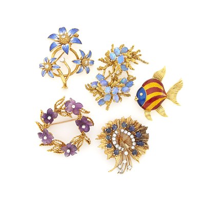 Lot 1225 - Group of Gold Floral and Fish Pins