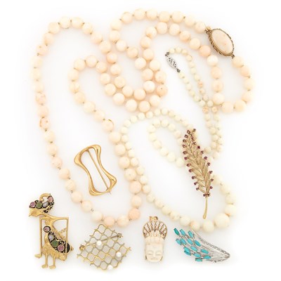 Lot 1387 - Two Angel Skin Coral Bead Necklaces and Group of Jewelry