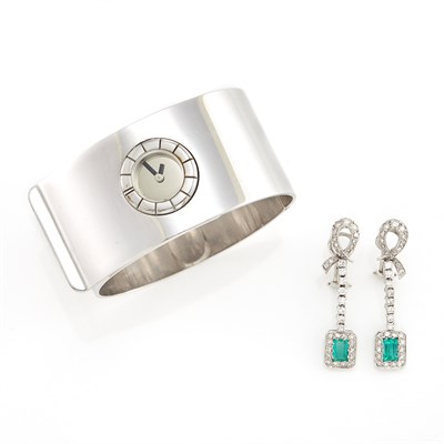 Lot 1332 - Pair of White Gold, Emerald and Diamond Pendant-Earrings and Bangle Cuff, Lanvin