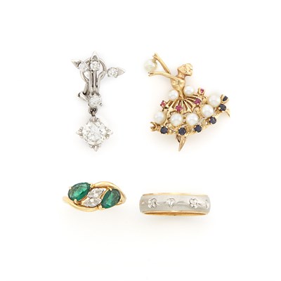 Lot 1144 - Gold, Pearl, Sapphire and Ruby Ballerina Pin Band Ring, Single Diamond Earring and Emerald and Diamond Ring