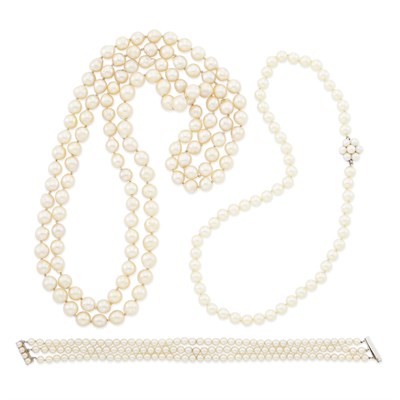Lot 1374 - Two Cultured Pearl Necklaces and Triple Strand Pearl Bracelet