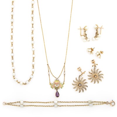 Lot 1442 - Three Gold, Low Karat Gold, Gold-Filled, Cultured and Freshwater Pearl Necklaces and Three Pairs of Earrings