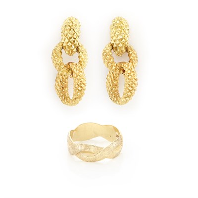 Lot 1235 - Pair of Gold Pendant-Earrings and Band Ring