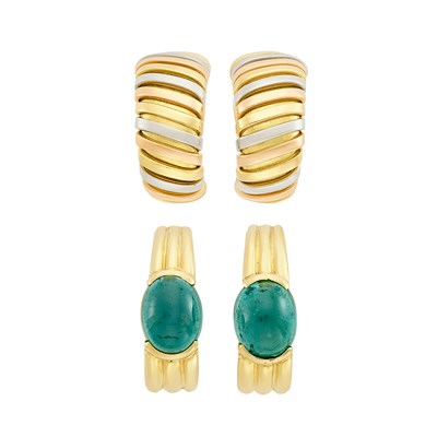 Lot 520 - Pair of Tricolor Gold 'Tubogas' Half-Hoop Earrings, Bulgari, and Pair of Gold and Cabochon Tourmaline Earrings